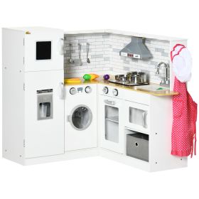 Corner Play Kitchen Set with Sound Effects and Tons of Countertop Space, Large Wooden Kitchen with Washing Machine, Food Toys, Ice Maker, Kids Kitchen