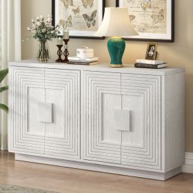 Vintage Distressed 4-Door Sideboard with Adjustable Shelves and Geometric Pattern for Dining Room,Kitchen and Living Room (Material: Solid Wood+MDF, Color: Antique White)